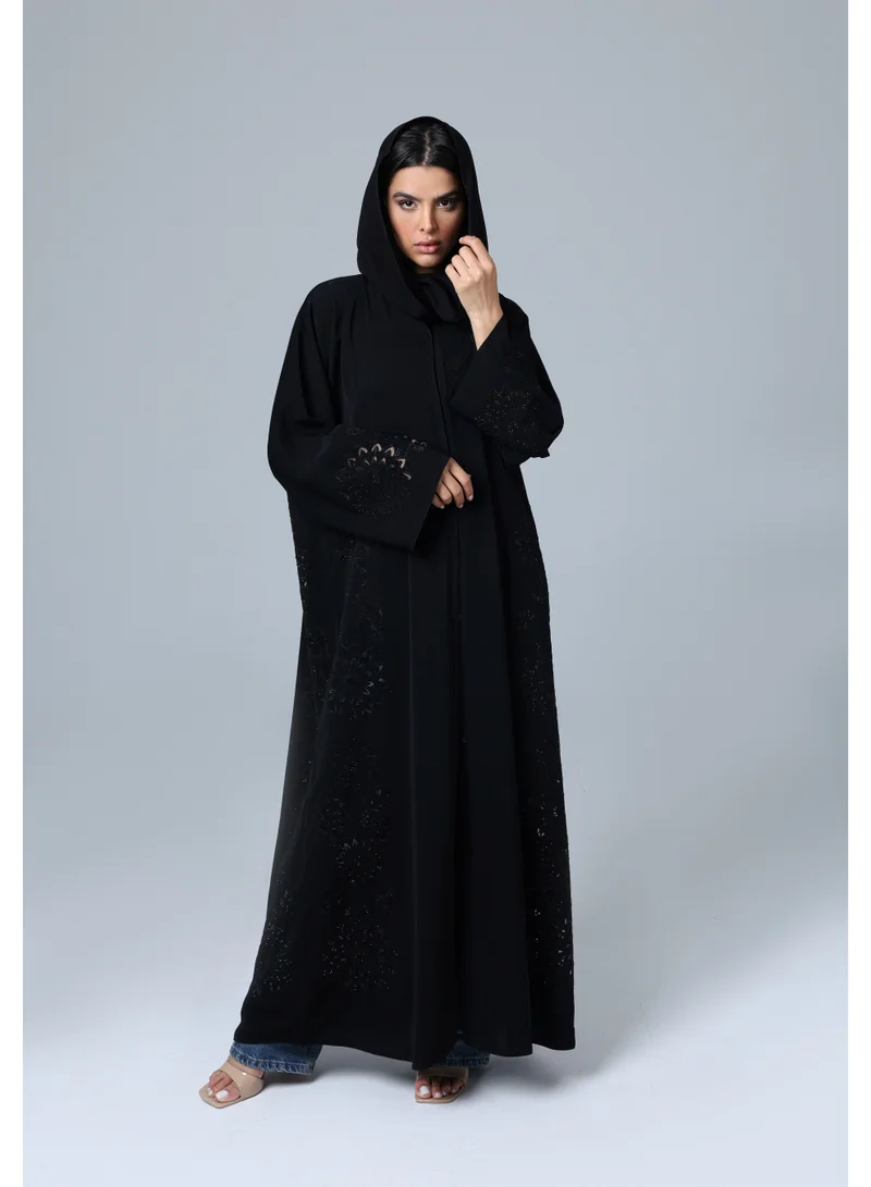 IKKXA Crystal Filigree Flowers Design Abaya ABY1034 Black